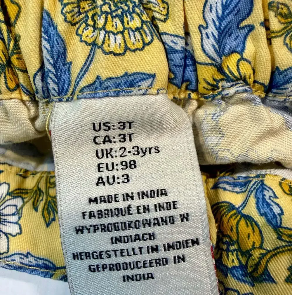Girls 100% Cotton Yellow Floral Print Utility Shorts, Size 3T
